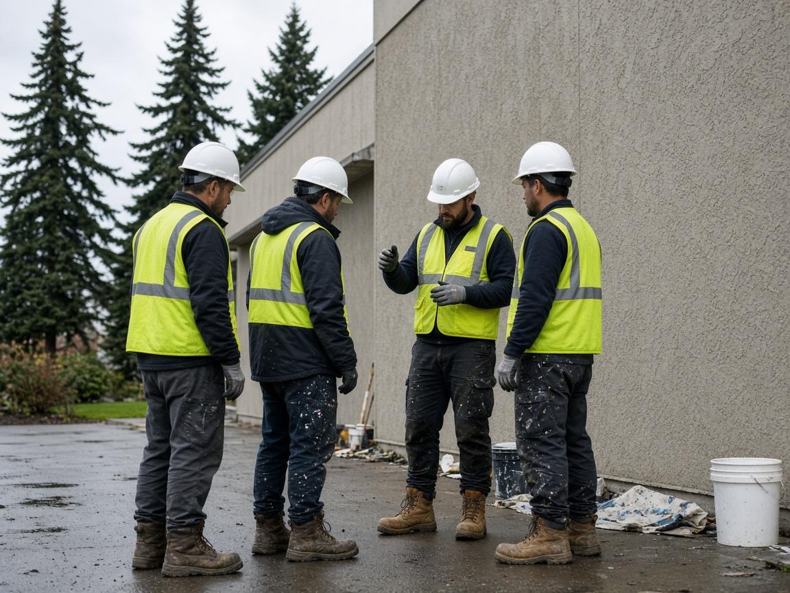 Commercial painting team in full safety gear on a Burnaby job site